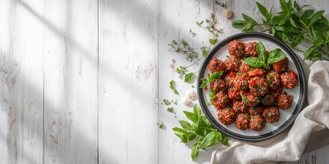 Raw ground mutton seasoned with herbs on a wooden background, food preparation safety