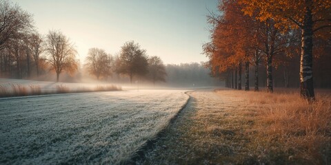 Early morning golf course scene with frost, birch trees, and fall foliage, highlighting seasonal transition and peaceful landscape