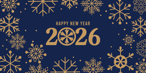 Elegant Happy New Year 2026 greeting card with golden typography and decorative snowflakes on a dark blue background, perfect festive design for holiday invitations, social media, posters and seasonal © bibin