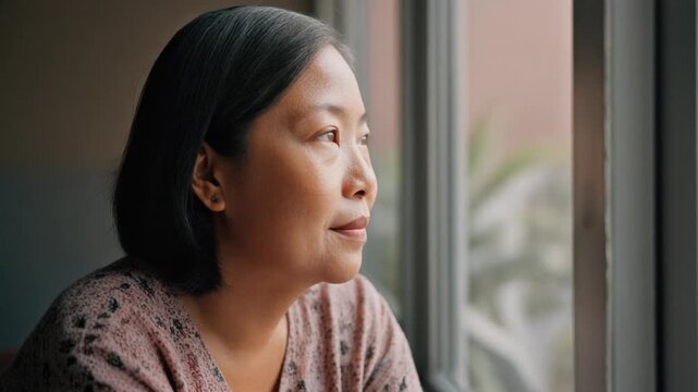 Pensive Asian Woman Gazing Out Window with Thoughtful Expression.