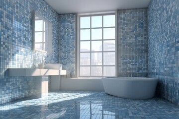 Bright modern bathroom with mosaic tile and bathtub bathed in sunlight.