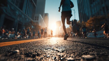 Dramatic Low-Angle View of a Silhouette Runner During a City Marathon or Race at Golden Hour, featuring asphalt texture, intense motion blur, and strong lens flare bokeh.