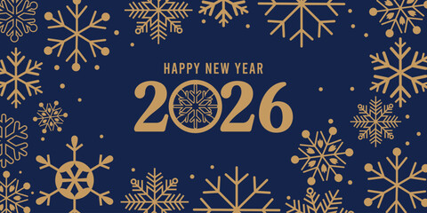 Elegant Happy New Year 2026 greeting card with golden typography and decorative snowflakes on a dark blue background, perfect festive design for holiday invitations, social media, posters and seasonal © bibin