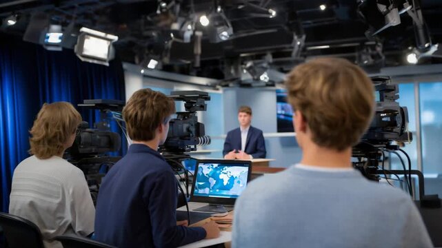 Behind glowing studio lights, a TV broadcast crew sets up cameras and microphones before a live news segment. Producers coordinate from the control room, anchors rehearse scripts, and lighting