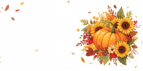 Naklejka premium Anime-style fall illustration featuring a pumpkin, sunflower blooms, and red rose hips, seasonal harvest scene