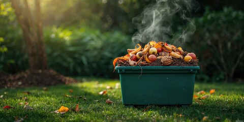 Compost bin in the garden used for waste recycling, environmental sustainability awareness day