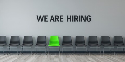 Job recruitment scene with a chair displaying WE ARE HIRING, team expansion efforts, workplace communication, employment opportunity, recruitment drive, labor day