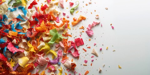Colored pencil shavings detailed on a white surface, suitable for creative design backgrounds