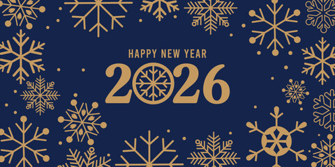 Elegant Happy New Year 2026 greeting card with golden typography and decorative snowflakes on a dark blue background, perfect festive design for holiday invitations, social media, posters and seasonal © bibin