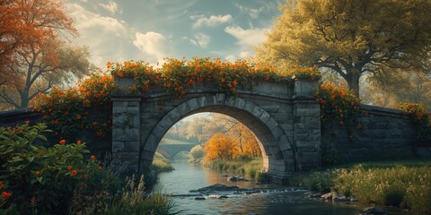 Grey bridge structure supporting vibrant trumpet vines with orange and green leaves, urban greenery, World Arbor Day