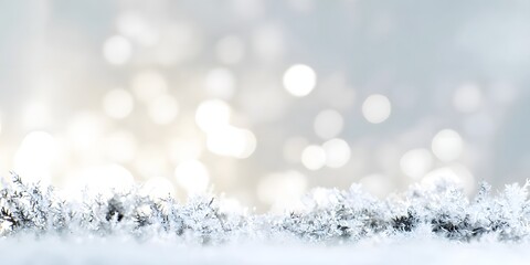 Beautiful crisp white snow texture with shimmering golden and silver bokeh lights, an ideal background for winter, holiday, and celebration themes