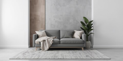 Modern living room interior with sofa, blanket, and flowerpot, designed as a background for text and layout, Earth Day