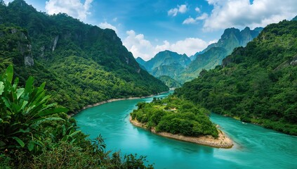 Tranquil Gam River landscape in Ly Bon, Bao Lam District, Cao Bang, Vietnam, suitable for eco-tourism development