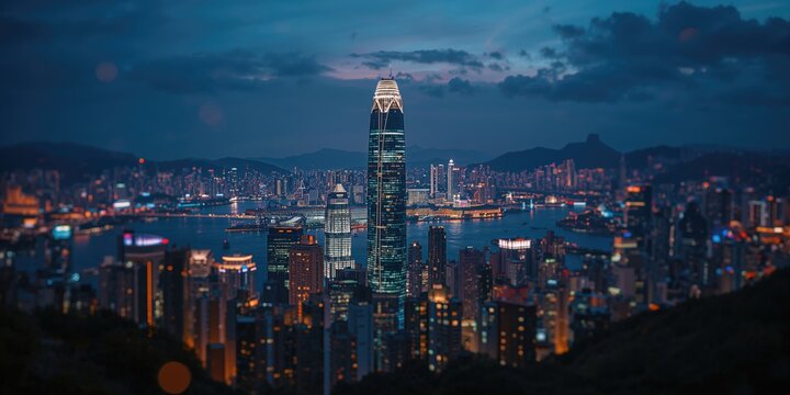 Hong Kong skyline with illuminated skyscrapers, dense urban development as a background for layout design