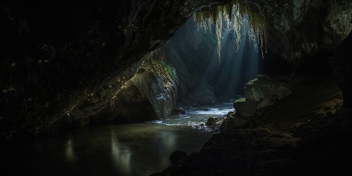 Glow worms illuminating a dark cave ceiling, natural bioluminescence for ecological study