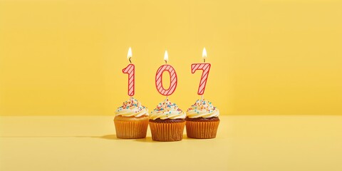 Birthday cupcakes with lit candles forming the number 107 on a yellow background, celebration and age marking