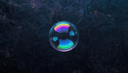 Close-up of a soap bubble on a kaleidoscopic alien world, focusing on surface patterns and space environment
