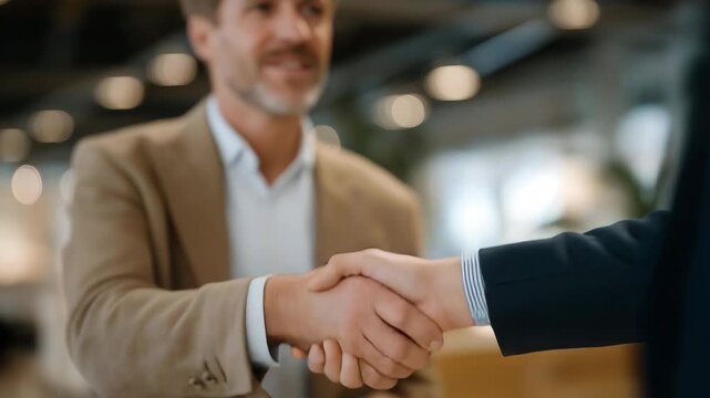 Lawyer shaking hands with a smiling client after successful contract negotiations &mdash; a human-centered, trust-driven image that conveys success, reliability, and the emotional reward of achieving