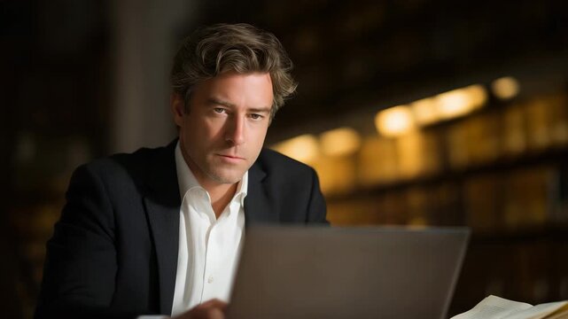 Legal researcher surrounded by books, documents, and a glowing laptop screen, analyzing evidence with focus and precision &mdash; a fusion of traditional scholarship and cutting-edge technology