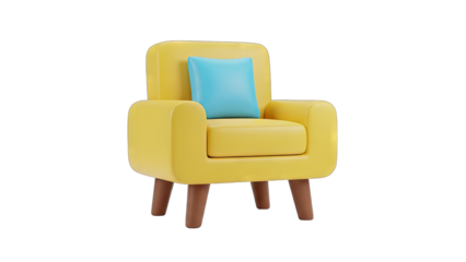 Cozy Yellow Armchair With A Bright Blue Cushion On A Transparent Background Featuring A Simple And Modern Design