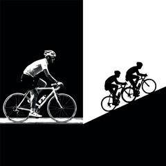 Fototapeta premium black silhouette of two cyclists ascending a hill against a man riding a bike with white background