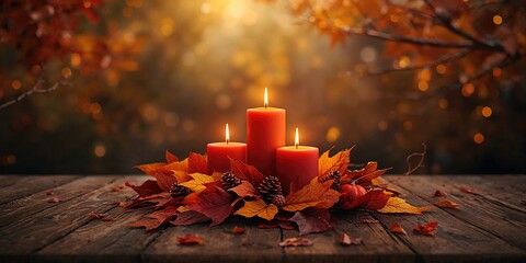 Autumn leaves with candles, creating a warm seasonal ambiance, World Malaria Day