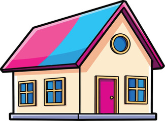 Charming cartoon house with a distinctive pink and blue roof design	