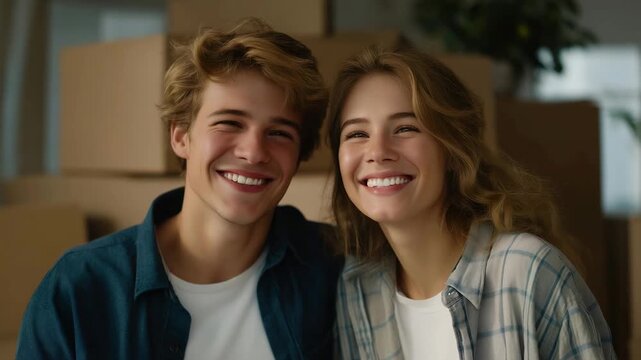 Young couple laughing while labeling boxes as movers load furniture behind them &mdash; vibrant lifestyle concept celebrating positivity, excitement, and progress in relocation journeys. cinematic color