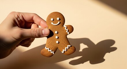 Fototapeta premium Hand Holding Gingerbread Man Cookie on Simple Background