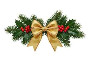 Hyperrealistic still life macro of a highly reflective metallic gold ribbon bow, emerald fir, and scarlet holly berries, perfectly isolated on white. Concept of luxury christmas decor