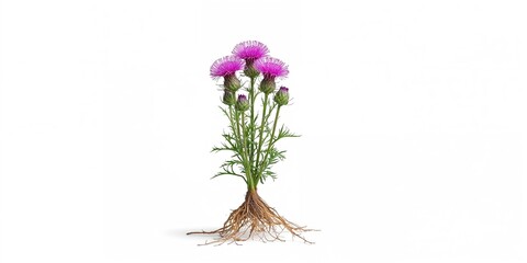 Close-up of burdock flowers on a white backdrop used for educational botanical illustrations