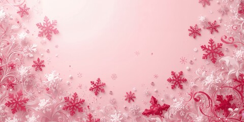 Snowflakes in red and white on a pink background serve as a Christmas greeting card, seasonal decoration