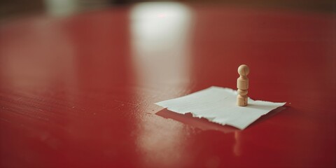 Detailed view of a ripped paper piece next to a tiny wooden figure on a red table, highlighting material interaction and scale, World Paper Day