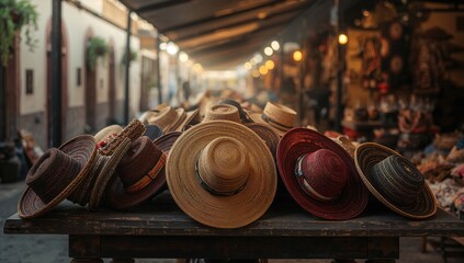 Traditional outdoor market in Cuenca showcasing vibrant Panama hats crafted from Paja Toquilla, highlighting artisanal skills and cultural preservation