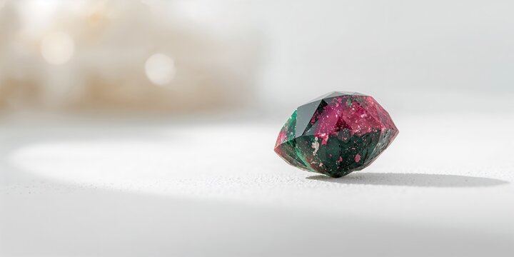 Close-up of a vibrant green ruby zoisite gemstone on a white surface, mineral textures, Earth Day