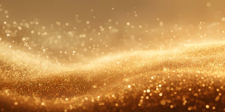 Golden shimmering dust particles flow across a gentle curve, creating a soft, illuminated, and ethereal background effect