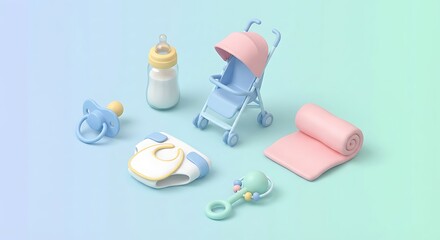 A collection of essential baby items including a stroller, bottle, and pacifier