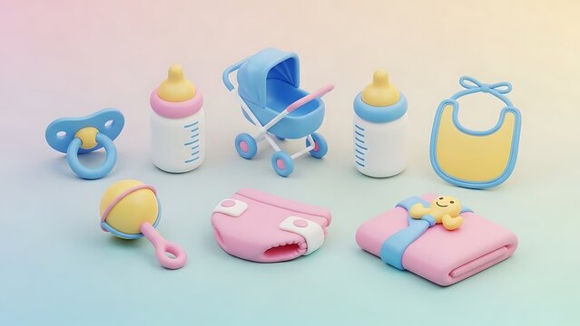 Adorable assortment of essential baby items displayed on a colorful background - Powered by Adobe