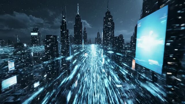 Futuristic cyberpunk city street view at night with glowing blue data stream flowing between dark skyscraper building silhouette