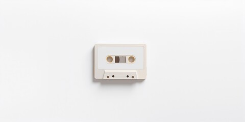 Empty tape cassette with blank label on white backdrop, illustrating analog recording device for media storage