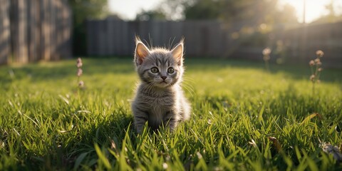 Small gray cat seated outdoors, highlighting pet relaxation in a garden