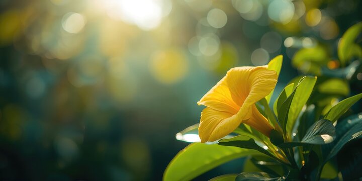 Golden trumpet-shaped allamanda blooms and foliage in natural sunlight, focusing on plant health, World Plant Day
