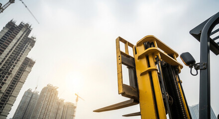 都市のビル建設現場で働く黄色いフォークリフトのアームとコピースペース 都市開発とインフラ整備