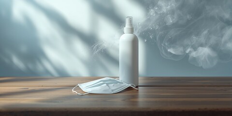 Disinfectant spray and protective face mask on wooden surface, highlighting sanitation measures in health protocols