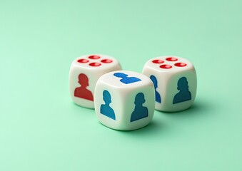 Three dice, light beige/off-white, with person icons in red and blue,  resting on mint-green surface