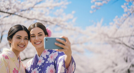 満開の桜の下で着物を着て自撮りをする外国人観光客とコピースペース 春のインバウンドと日本旅行