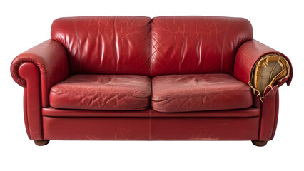 An old and dirty red leather couch with a broken arm, isolated on white or transparent background. PNG