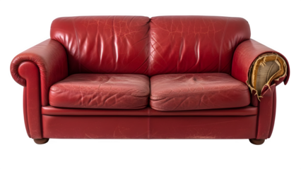 An old and dirty red leather couch with a broken arm, isolated on white or transparent background. PNG