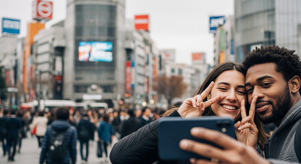 渋谷スクランブル交差点で自撮りする外国人カップルとコピースペース 東京観光のインバウンド