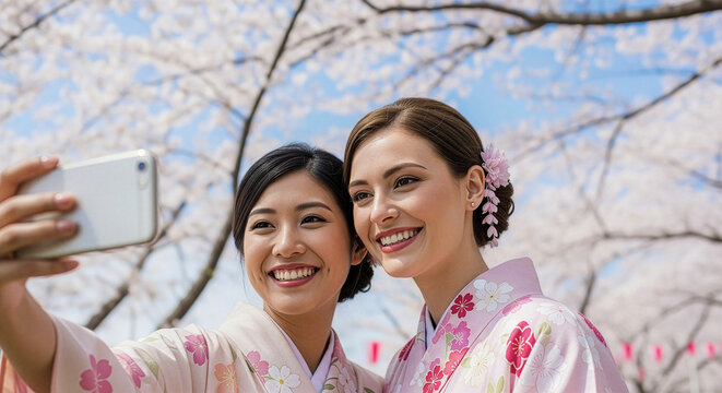 満開の桜の下で着物を着て自撮りをする外国人観光客とコピースペース 春のインバウンドと日本旅行